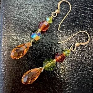 Vintage Muti Color Crystal Beaded Necklace & Earrings Matching Jewelry set Gold